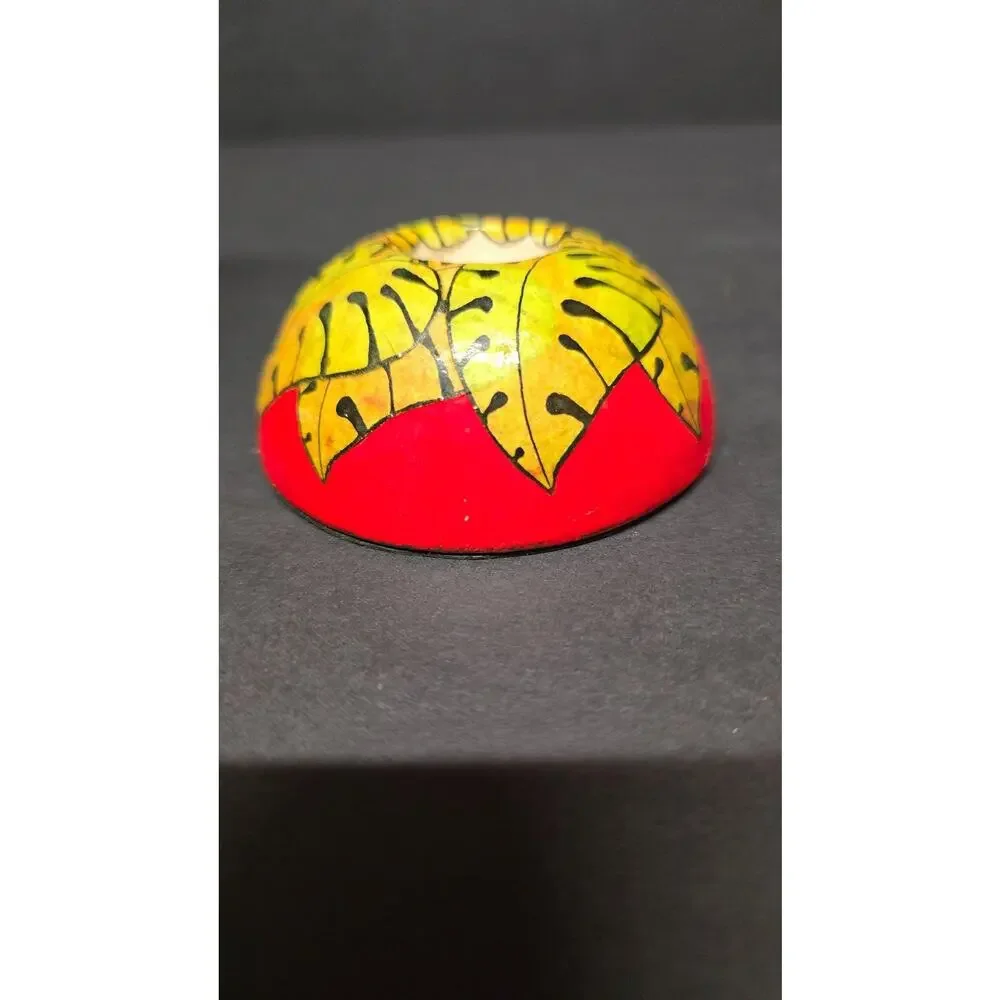 Pair Red Yellow Tropical Leaf Ceramic Taper Candle Holders Small Round Decor